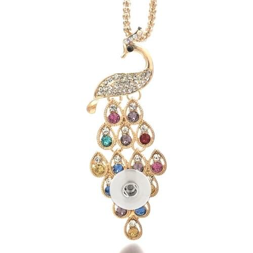 Fashion 036 Crystal Peacock Snap Button Pendant Necklace Fit 12mm 18mm Button For Women Gift Charm Interchangeable Jewelry