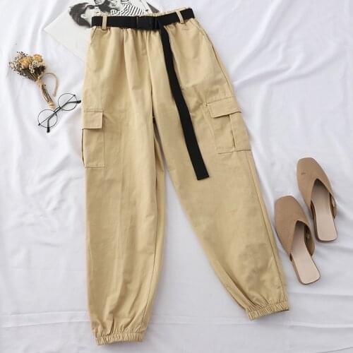 Abrini 2021 Autumn And Winter Fashion Overalls, Highstreet Style Trousers Large Pockets Elastic Waist Loose Trousers With Belt