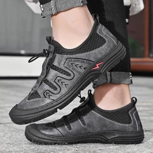 2021 Summer Breathable Men Hiking Shoes Cowhide + Mesh Outdoor Men Sneakers Climbing Shoes Men Sport Shoes Quick-dry Water Shoes