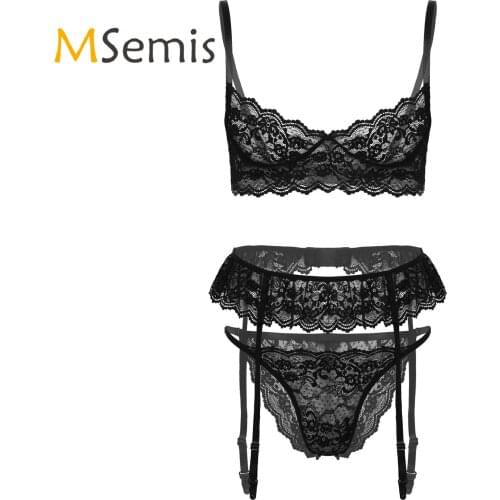 Mens Lingerie Sissy Bra Panties Set See-through Sexy Nightwear Unlined Hot Bra with Thongs Garter Belt Sissy Crossdressing Set