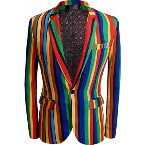 Men Blazer Colorful Stripe Print Fashion Plus Size Stylish Casual Suit Jacket Slim Singer Party Prom Coat Outfit Stage Costume