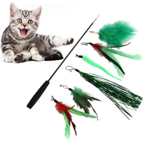 7Pcs Cat Toys Set Teaser Wand Bell Feather Refills Kitten Stretch Fishing Rod Play Interactive Toys Pets Accessories Replacement