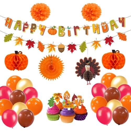 12Pcs Autumn Theme Decoration Set Maple Leaf Happy Birthday Banner Turkey Pumpkin Honeycomb Wedding Thanksgiving Birthday Decor