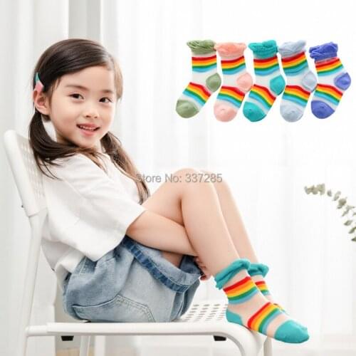 Girls summer socks ainbow colorful stripe socks breathable thin princess sheer socks for baby kids girls boys transparent socks