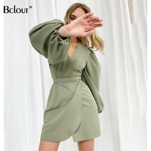 Bclout Polyester V Neck Slim Woman Dresses Green Latern Sleeve Irregular Mini Dress Autumn Vintage Bodycon Robe Elegant Vestido