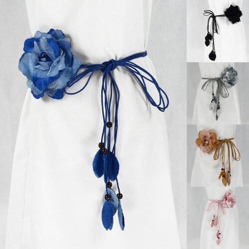 Casual Wild Chiffon Big Flower Ladies Thin Belt Sweet Tassel Braid Decoration Elegant Handmade Knotted Waist Womens Dress Belt