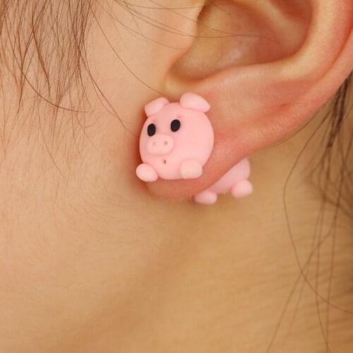 Animal Shape Earrings Creative Handmade Polymer Clay Earring Cartoon Cute Pink Pig Split Ear Studs