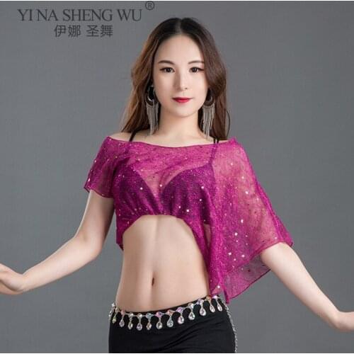 Belly Dance Top Female Adult Elegant Sequins Irregular Short Sleeve Tops Performance Oriental Dancing Shirt Practice Clothing