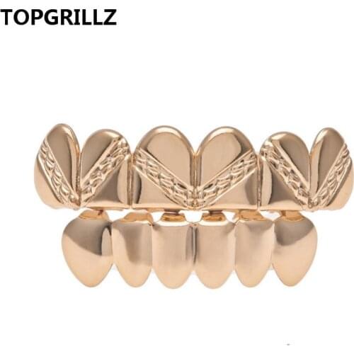 TOPGRILLZ New Gold Color Plated Real Shiny Hip Hop Teeth For Mouth Grillz Caps Top&Bottom Grill Set Vampire Teeth For Unisex