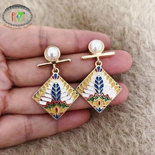 F.J4Z New Arrival Women Bohemian Brooches Colorful Enamel Square Geometric Earrings & Pins Girls Costume Jewelry Dropship