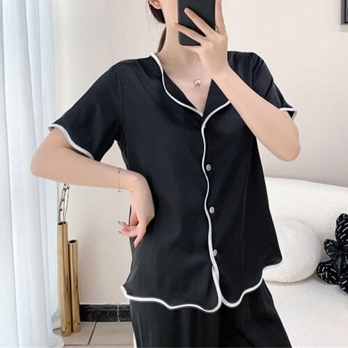 Fashion Ice Silk Pajamas Women Summer Short-Sleeved Trousers Ladies Pajamas Two-Piece Large Size Home Service Casual Loose Suit