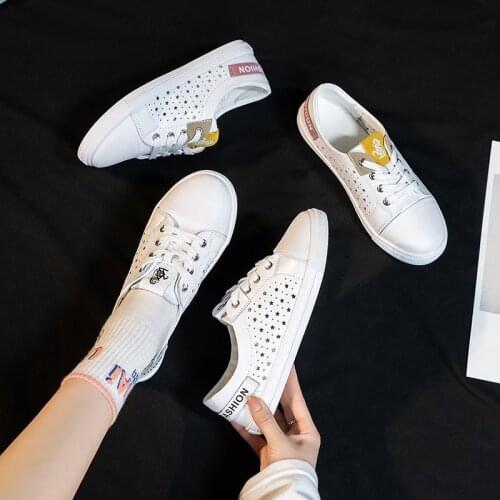 Female Fashion Breathable Women Sneakers Shoes PU Leather Casual Walking Shoe Mesh Breathable Ladies Flats Lace Up Soft