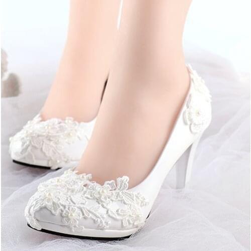 High heels white lace wedding shoes women handmade plus size low high heel lace pearls bridesmaid shoes sweet lady party shoe