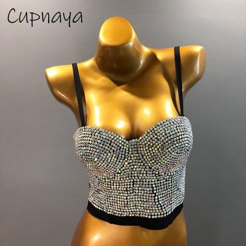 Cupnaya Glitter Diamantes Women Spandex Crop Top Removable Spaghatti Strap Tube Camisoles Sexy Bling Dance Clubwear Bralette