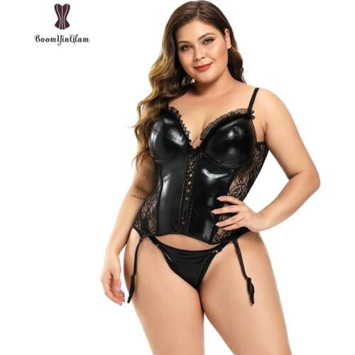 Removable Straps Transcult Sexy Lingerie Sequin Leather Floral Lace Corset Women Overbust Bustier Top With Suspenders