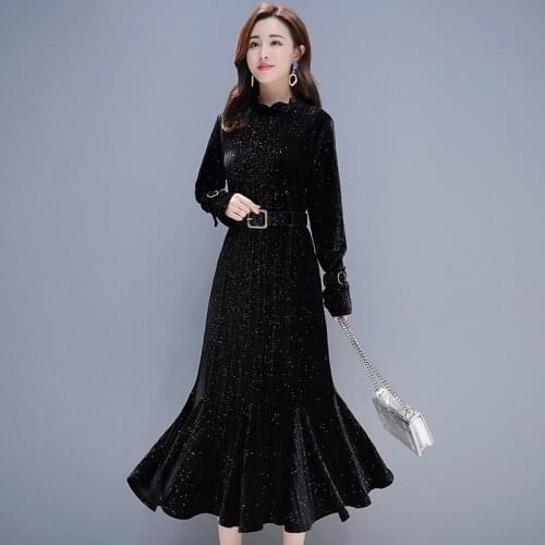 Autumn Vintage Fishtail Dresses Gold Velvet Elegant Womens Long Sleeve Bodycon Belted Dress Casual Robe Femme Vestidos L120