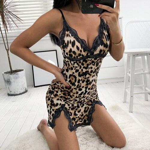 Women Leopard Printed Lace Night Dress Lingerie V Neck Night Gown Summer Sleepwear Spaghetti Strap Nighty Sexy Hot Sleep Wear