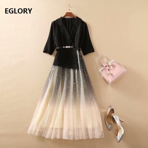 Top Quality New 2021 Spring Business Womens Dress Notched Collar Sexy Tulle Mesh Patchwork Half Sleeve Mid-Calf Ball Gown Dress