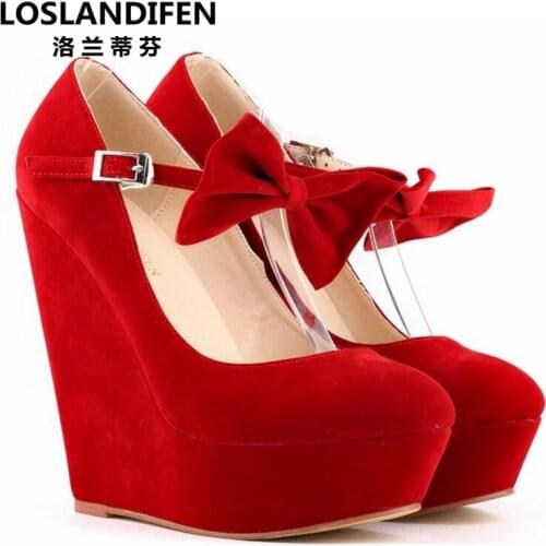 Free shipping fashon flaco butterfly-knot Wedges buckle platform pumps, 14cm high sexy platform Wedges dance pumps big size35-42