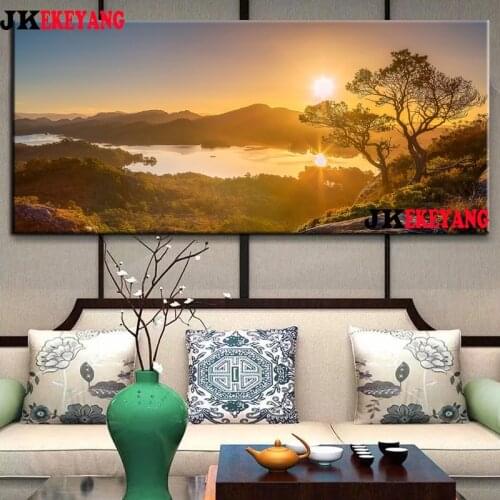 Large 5D Diy diamond painting Sunrise river mountain Diamond Mosaic Rhinestone Embroidery cross stitch Y4381