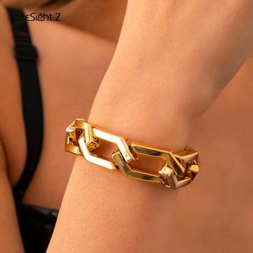 IngeSight.Z Retro CCB Plastic Irregular Geometric Chain Bracelets Punk Gold Color Chunky Thick Couple Bracelets Bangles Jewelry