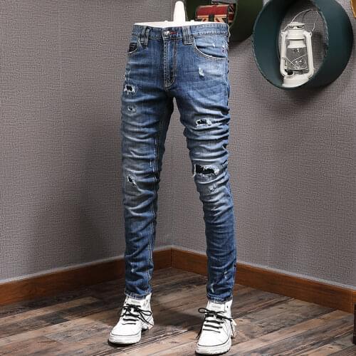 Fashion Streetwear Men Jeans Retro Wash Slim Fit Paint Designer Ripped Jeans Men Printed Pants Destroyed Hip Hop Jeans