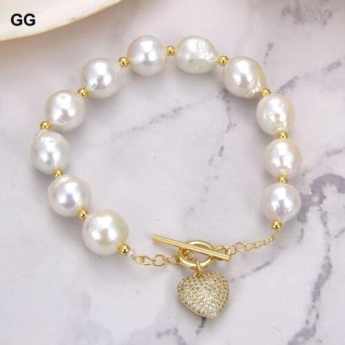 GuaiGuai Jewelry 8'' 11-12MM Natural Pearl White Keshi Pearl CZ Pave Pendant Bracelet Classic Jewelry For Lady Women