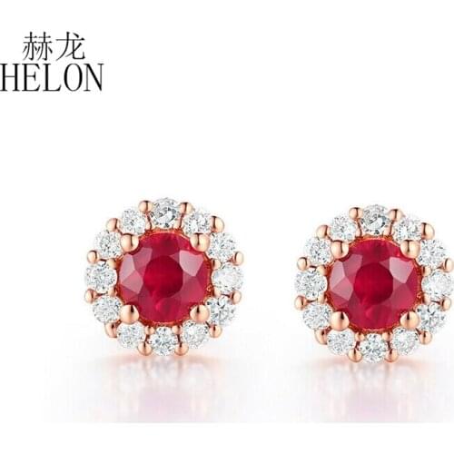 HELON Real 10K Rose Gold 3.3mm Round 0.54ct Natural Ruby Diamond Stud Earrings Trendy Unique Jewelry Genuine Gem For Women Gift