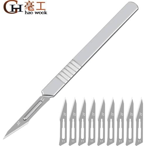 Haowook 11PCS 11# 23# Carbon Steel Surgical Scalpel Blades + Handle Scalpel DIY Cutting Tool PCB Repair Animal Surgical Knife