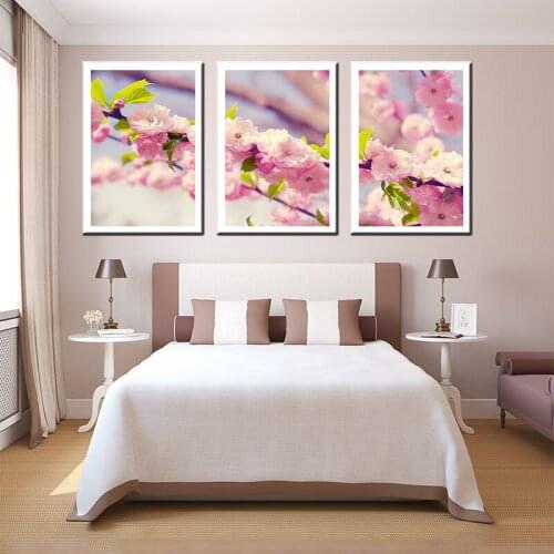 3 Pieces of Canvas Oil Painting Peach Blossom Blooming Plant Flower Landscape Picture Home Decoration Living Room Wall Craft