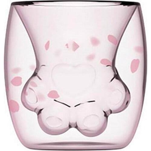 Cat Claw Cup Creative Coffee Mug Cartoon Cute Milk Juice Home Office Cherry Pink Transparent Double Glass Paw Cup