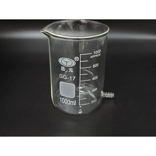 Beaker in low form with Lower tube,Capacity 1000ml,Beaker with tubules,Outer diameter=105mm,Height=145mm,Laboratory beaker