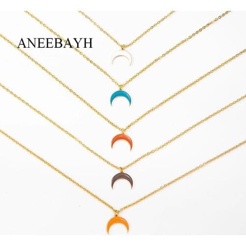 Stainless Steel Moon Pendant Necklace For Women Simple Colorful Enamel Black Red Geometric Collar Fashion Necklace Summer 2021
