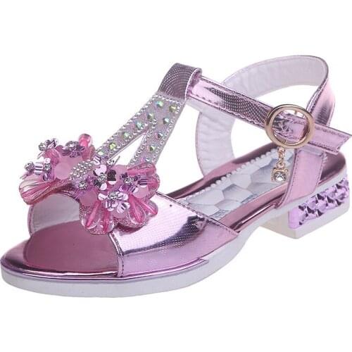 3-12 Years 2020 Big Girl Princess Sequins Bow Heel Wedding Shoes Little Girls Kid Leather Fashion Rhinestone Child Summer Sandal