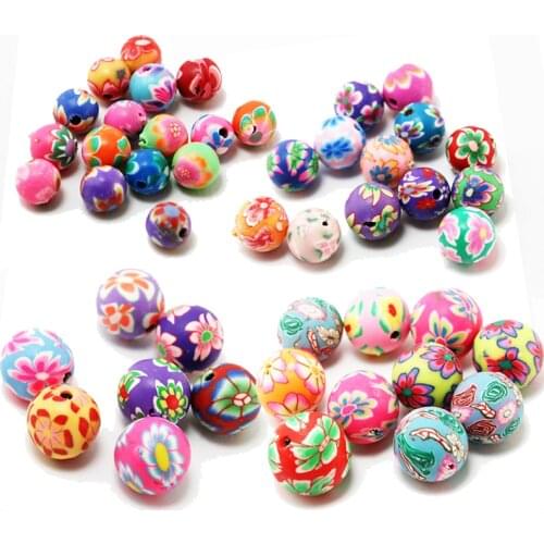 10-20Pcs/Lot 6 8 10 12 14mm Polymer Clay Beads Printing Flower Pattern Round Loose Beads Mix Color For Jewelry Making