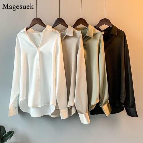 Spring Autumn Blouses Women Casual Solid Loose White Satin Blouse Femme Cardigan Office Lady Long Sleeve Shirt Tops Blusas 11355