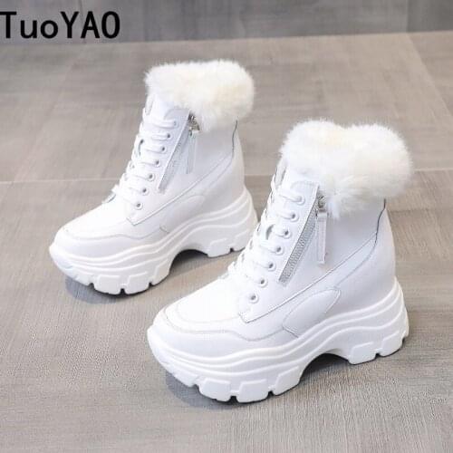 Winter Women Ankle Boots 7CM Heels High Top Wedge Boots Warm Fur Platform Leather Sneakers Cotton Snow Boots For Woman New 2020
