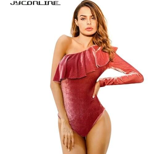 JYConline Off Shoulder Velvet Ruffle Bodysuit Women Sexy Jumpsuit Romper Autumn Winter Party Club Bodysuit Fitness Tops Overalls