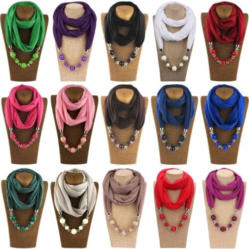Womens Fashion Neckerchief Ring Scarf Necklaces Beads Solid Color Jewelry Shawl