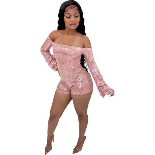 2021 Women Sexy Sequined Shorts Jumpsuit Slash Neck Off Shoulder Pleated Flare Sleeve Nightclub Party Playsuit Streetwear