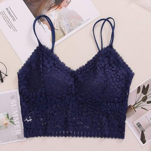 Seamless Deep V-Neck Lace Women Tank Tops Sexy Lace Floral Padded Crochet Vest Wireless Bra