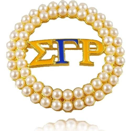 Big Round greek Gold Tone Sigma Gamma Rho Pearl Brooch