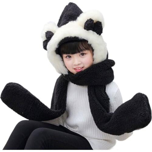 Kids 3 In 1 Warm Plush Winter Hat Cute Bowknot Bear Ears Scarf Gloves Hoodie Cap