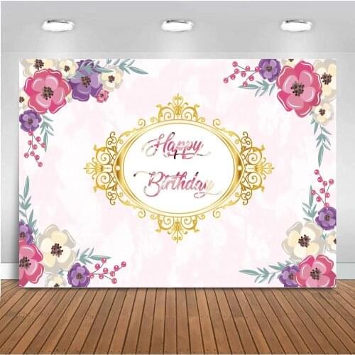 Red Flower Happy Birthday Backdrop White For Princess Girl Birthday Party Photography Background Golden Border Birthday Banner
