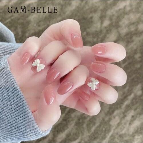 GAM-BELLE French Princess Style False Nails 3D White Bow Decor Full Artificial Press On Nail Tips DIY Manicure Nail Art Tools