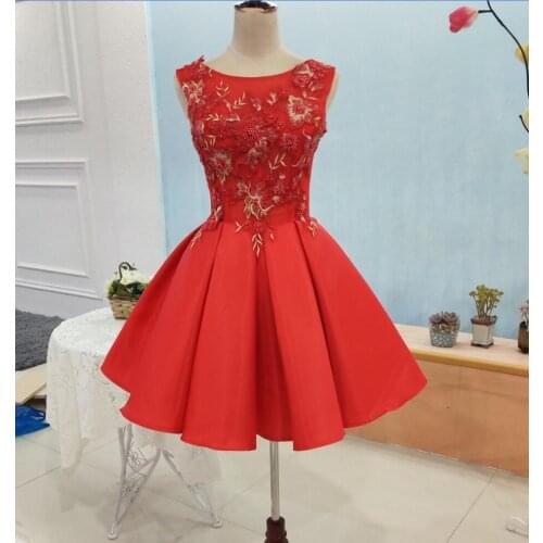 Gardlilac Stain Embroidery Short Bridesmaid Dress Knee-Length Sleeveless Red Short Wedding Party Dress Real Picture