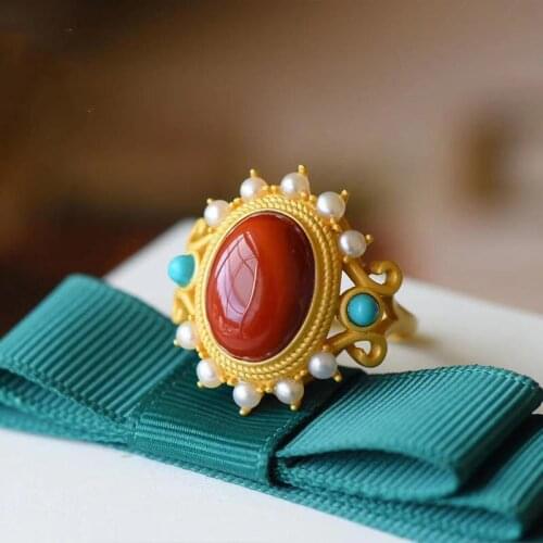 Natural Hetian Jade Pearl Ring Palace Style S925 Sterling Silver Southern Red Agate Big Egg Noodle Ring Ancient Style Gold Acces