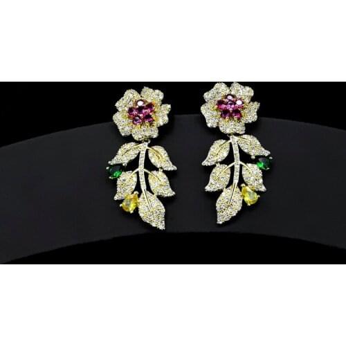 Beatuiful Sunflower Earrings Women Brand Jewelry Colorful Tassel Leaf Dangle Earring Micro Pave CZ Stone Plant Earring Trendy