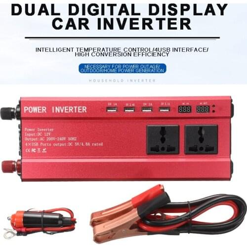 Mayitr 1pc 2000W Aluminium Alloy Car Power Inverter 4 USB 3 Socket DC 12V to AC 220V Converter With Battery Clip Cable