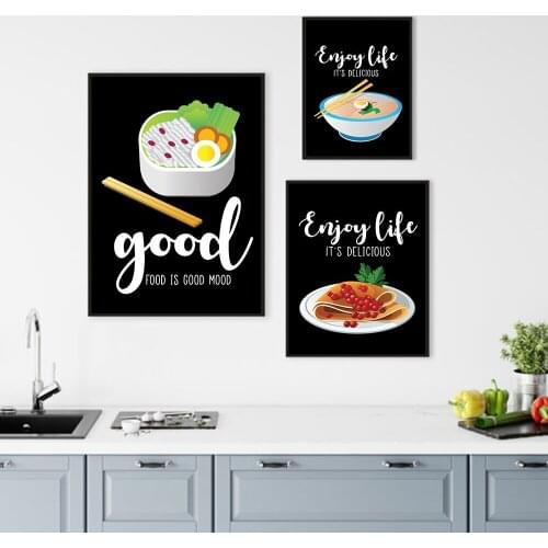 Cartoon Food Noodle Bacon Egg Canvas Painting Art Print Eat Good Feel Good Inspire Enjoy Life Quotes Poster Wall Art Picture